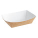 A brown food container with white geometric lines.