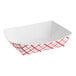 A white and red paper food tray with a red and white checkered pattern.