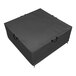 A black square protective cover with black straps for a fire pit.