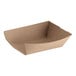 A brown rectangular cardboard food tray with a curved edge.