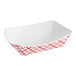 A white paper food tray with a red checkered design.