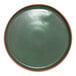 An Arcoroc green stoneware plate with a brown rim.