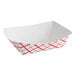 A white and red paper food tray with a red and white checkered pattern.