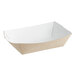 A white rectangular Southern Champion paper food tray with a white design.