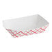 A white paper food tray with a red checkered design.