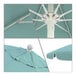 A close-up of a California Umbrella with a blue Sunbrella canopy and a white pole.