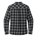 A back view of a gray and black buffalo check flannel shirt.