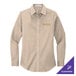 A Port Authority women's long sleeve tan dress shirt with the logo on it.