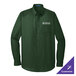 A small long-sleeved deep forest green Port Authority dress shirt with white text.