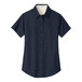 A navy and light stone Port Authority women's short sleeve button down dress shirt.