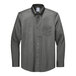 A Brooks Brothers long sleeved black pinpoint dress shirt with a collar.