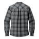 A back view of a gray and black plaid Port Authority flannel shirt.