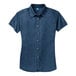 A Port & Company women's ink blue denim button-down shirt.