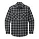 A Port Authority unisex long sleeve flannel shirt in black and grey plaid with a pocket.