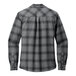 A back view of a grey and black plaid Port Authority flannel shirt.