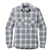 A Port Authority women's long sleeve flannel shirt in grey and white plaid with a button.