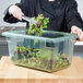 A person using tongs to put lettuce in a Carlisle green food storage box.