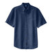 A Port & Company unisex long sleeve denim button-down shirt in ink blue with a pocket and buttons.