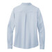 A close-up of a Brooks Brothers blue long sleeve full-button satin blouse.