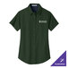 A dark green Port Authority short sleeve dress shirt for women with white text on the front.