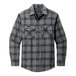 A Port Authority unisex long sleeve flannel shirt in grey and black plaid with a close up of a pocket.