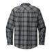 A back view of a grey and black plaid Port Authority flannel shirt.