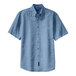 A Port & Company faded blue short sleeve denim button-down shirt with a pocket.