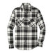 A Port Authority black and white plaid flannel shirt with a pocket.