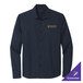 A Mercer+Mettle unisex long sleeve navy dress shirt with gold embroidery.