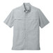 A close-up of a grey Port Authority short sleeve shirt with white checks.