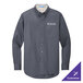 A Port Authority steel gray long sleeve dress shirt with light stone text.
