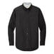 A Port Authority black long sleeved button down dress shirt with a white collar.