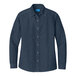 A Port & Company women's short sleeve denim button-down shirt in ink blue.