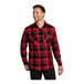 A man wearing a red and black Port Authority plaid flannel shirt.