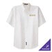 A white Port Authority short sleeve dress shirt with gold embroidery on the chest.