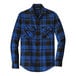 A close up of a Port Authority royal blue and black plaid flannel shirt.