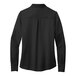 A Brooks Brothers black satin blouse with long sleeves and full buttons.