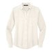 A Mercer+Mettle ivory chiffon long sleeve camp blouse with a white collar and black logo.