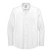 A close up of a white Brooks Brothers long sleeve dress shirt with a button down collar.