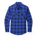 A Port Authority blue and black plaid flannel shirt with buttons and a pocket.