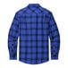 A blue plaid Port Authority flannel shirt with black and blue stripes on the plaid.