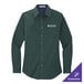 A large dark green Port Authority long sleeve dress shirt with white text on the chest.