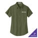 A Port Authority women's clover green short sleeve dress shirt with white text on the front.