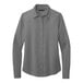 A Brooks Brothers shadow gray long sleeve full-button satin blouse.