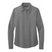 A Brooks Brothers long sleeved shadow gray satin blouse with full buttons.