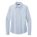 A Brooks Brothers long sleeved light blue satin blouse with a white background.