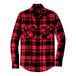 A close up of a Port Authority red and black plaid flannel shirt.