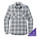 A close up of a gray and white long sleeve Port Authority plaid flannel shirt.
