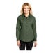 A woman wearing a Port Authority clover green long sleeve dress shirt.