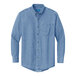 A Port & Company faded blue short sleeve denim button-down shirt.